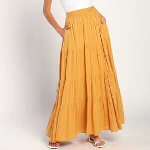Lulus Sunset By The Sea Mustard Yellow Embroidered Tiered Maxi Skirt - Size M